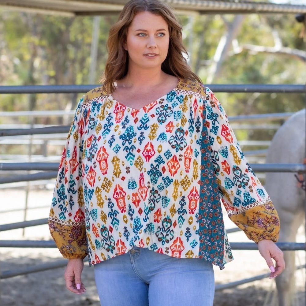 Farmers Market One World Peasant Boho Mixed Ikat  Woven Detailed Blouse XL Top